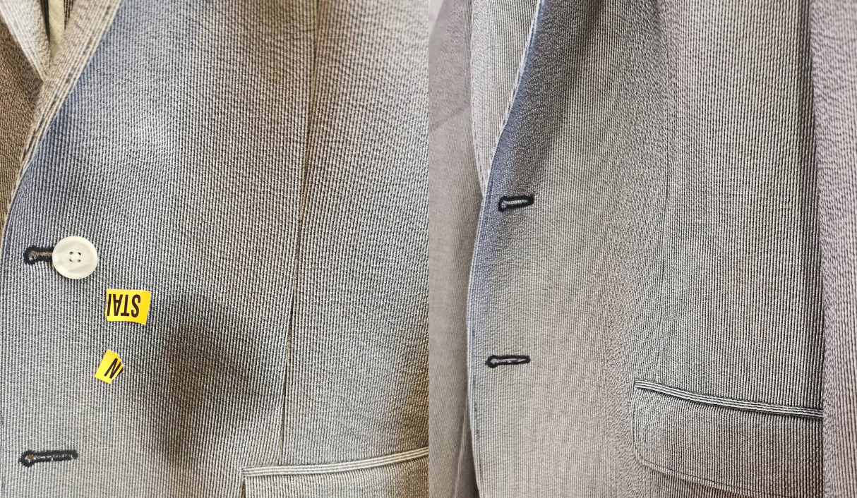 Before and after stain removal on a grey blazer