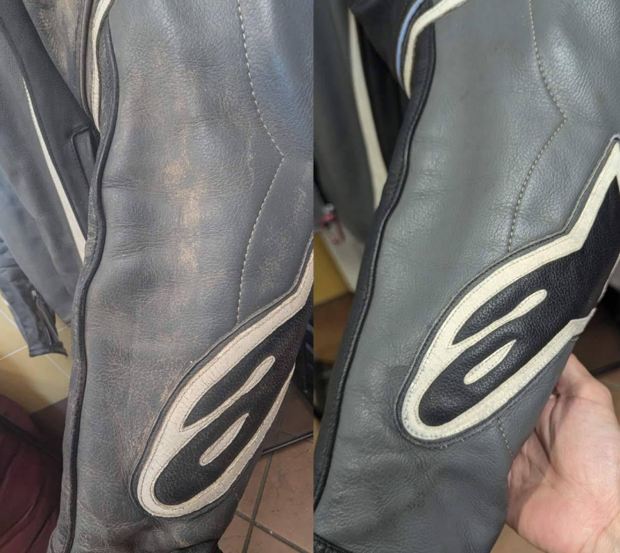 Close-up before and after of a restored leather jacket sleeve